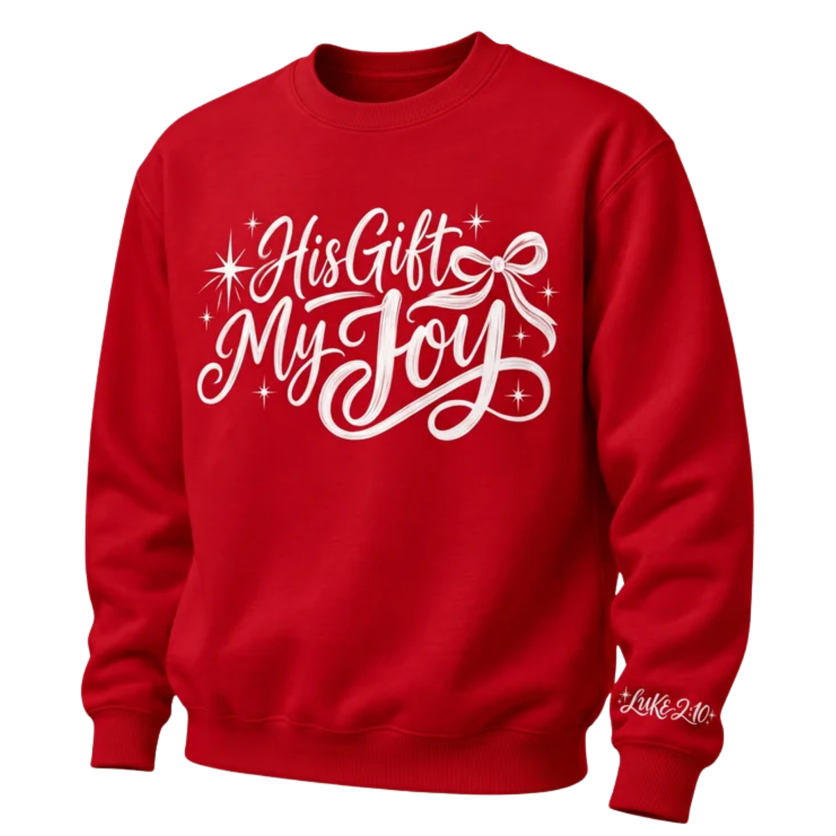 Red His Gift My Joy crewneck sweatshirt flat mockup with Luke 2:10 on the sleeve