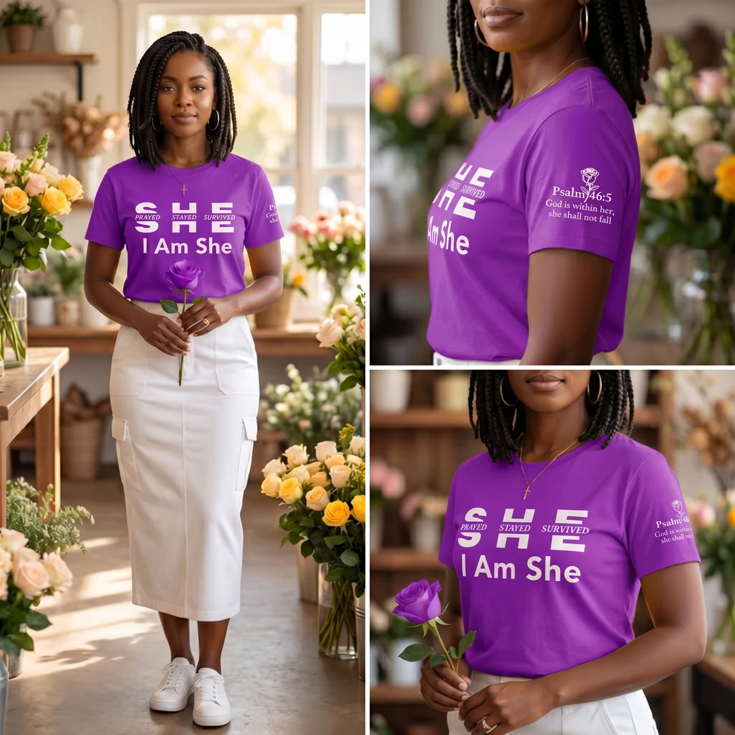 I Am She... She Prayed. She Stayed. She Survived. | Women's Faith Tee