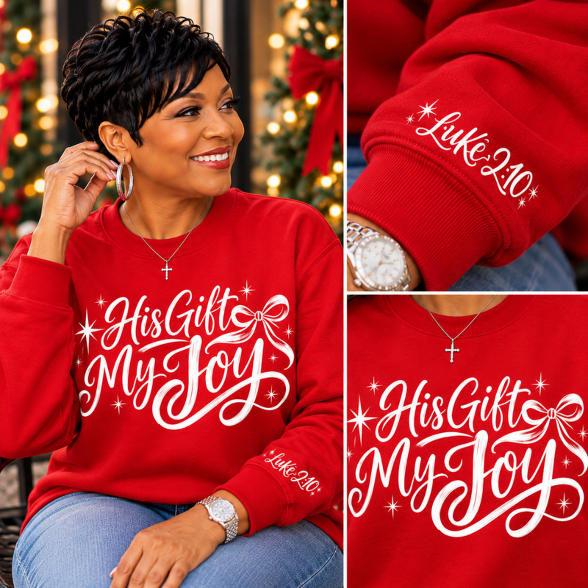 Red His Gift My Joy sweatshirt with close-ups of the front script and Luke 2:10 sleeve detail