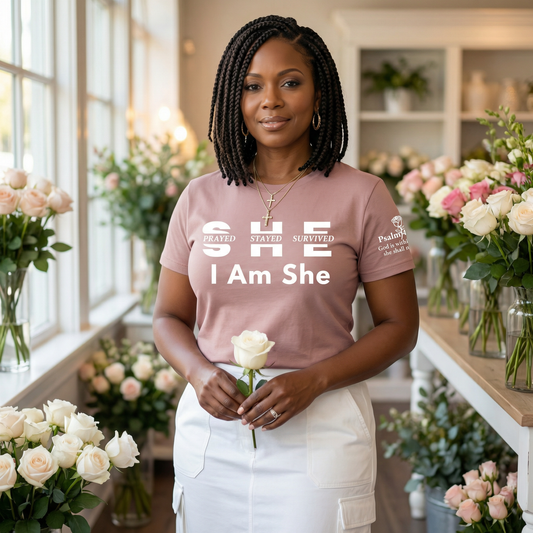 I Am She... She Prayed. She Stayed. She Survived. | Women's Faith Tee