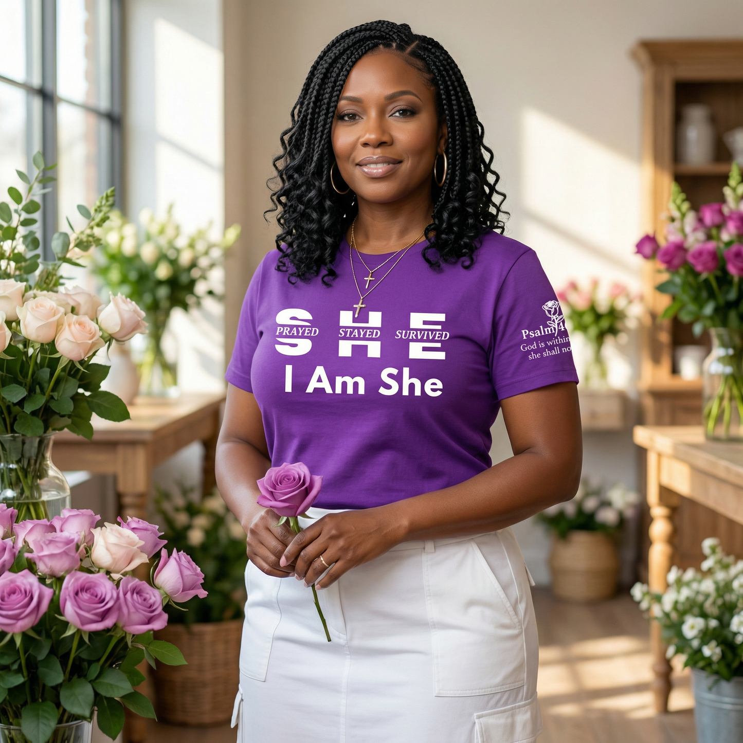 I Am She... She Prayed. She Stayed. She Survived. | Women's Faith Tee