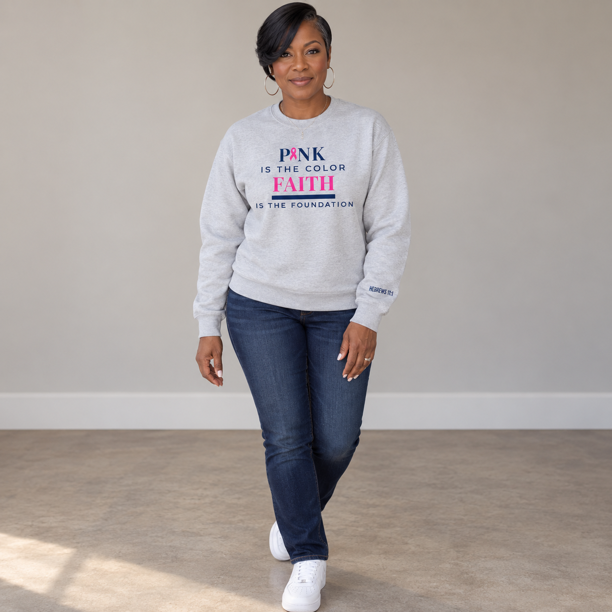 Pink Is The Color, Faith Is The Foundation crewneck sweatshirt, grey, Hebrews 11:1