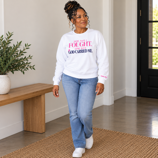 Some Days I Fought, Some Days God Carried Me crewneck sweatshirt, white, Isaiah 46:4